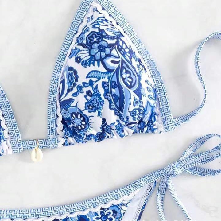 Blue And White Porcelain Printed Bikini Swimsuit Suit