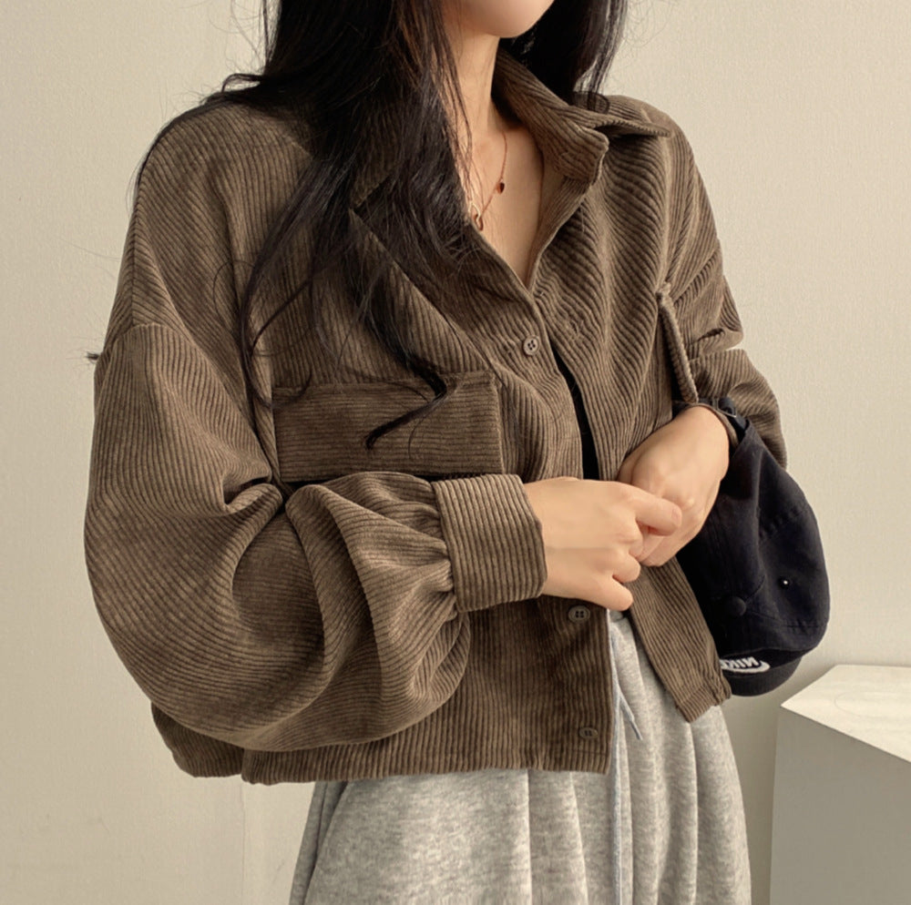 French Style Retro Easy Matching Corduroy Shirt Long Sleeve Coat For Women