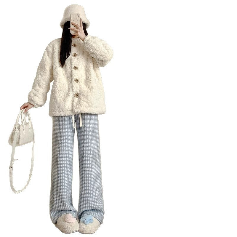 Slimming Lambswool Houndstooth Casual Wide-leg Pants