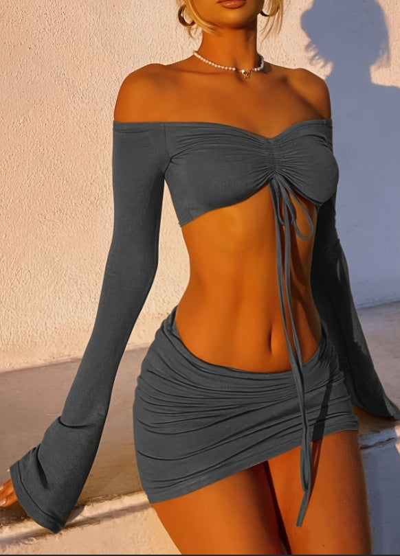 Drawstring Top And Skirt Suit