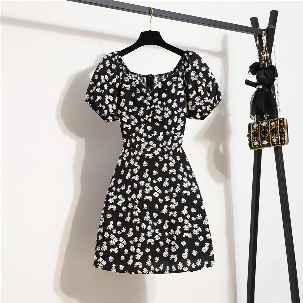 Summer Puff Sleeve Waist Slimming Small Elegant Floral Dress Women