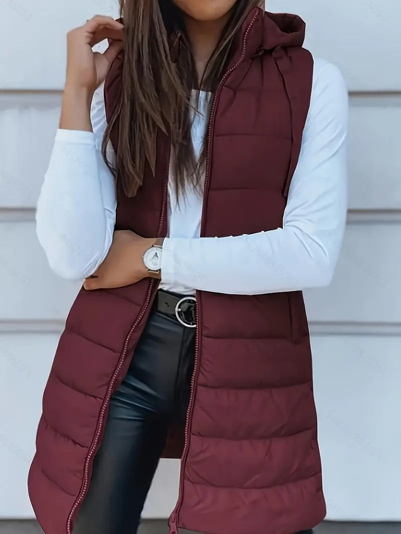 Solid Color Hooded Quilted Zipper Cotton Vest Coat