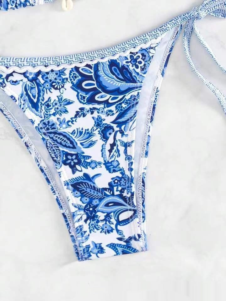 Blue And White Porcelain Printed Bikini Swimsuit Suit