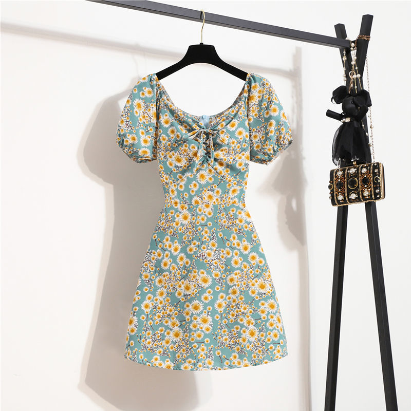 Summer Puff Sleeve Waist Slimming Small Elegant Floral Dress Women