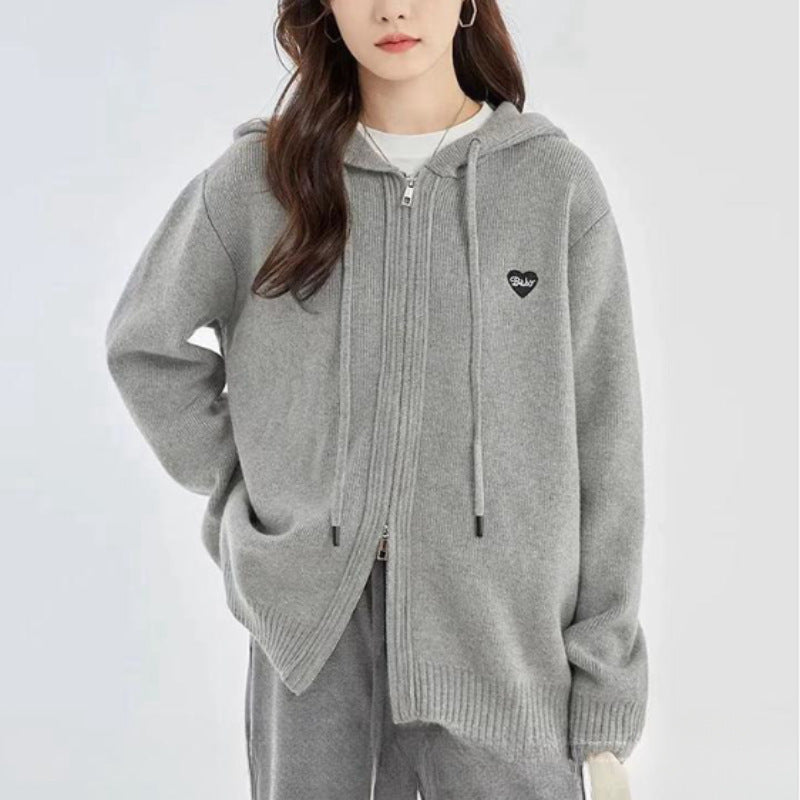 Loose Sports And Leisure Gray Hooded Knit Cardigan For Women
