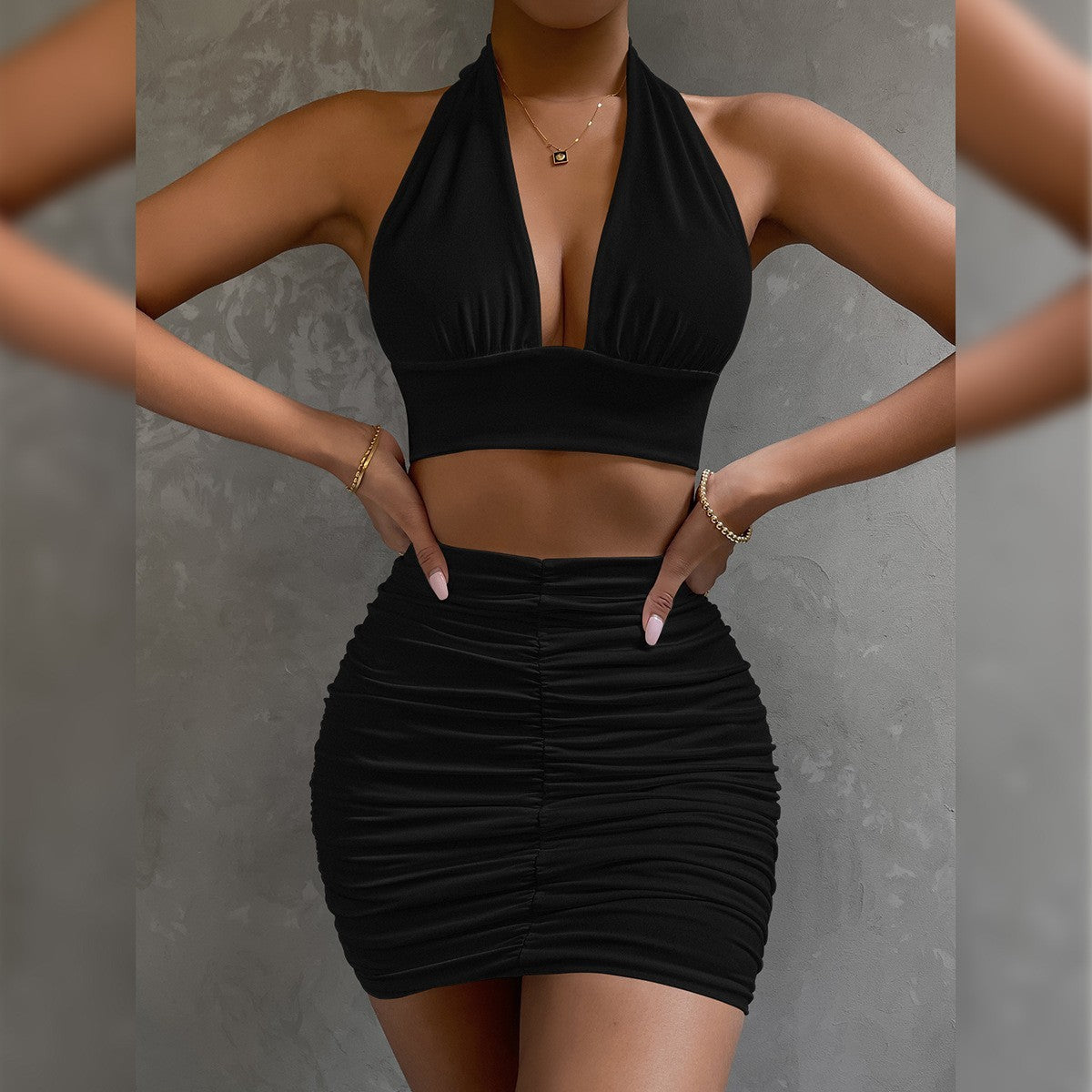 2pcs Dress For Women Halter Lace-up And Pleated Hip-covering Skirt