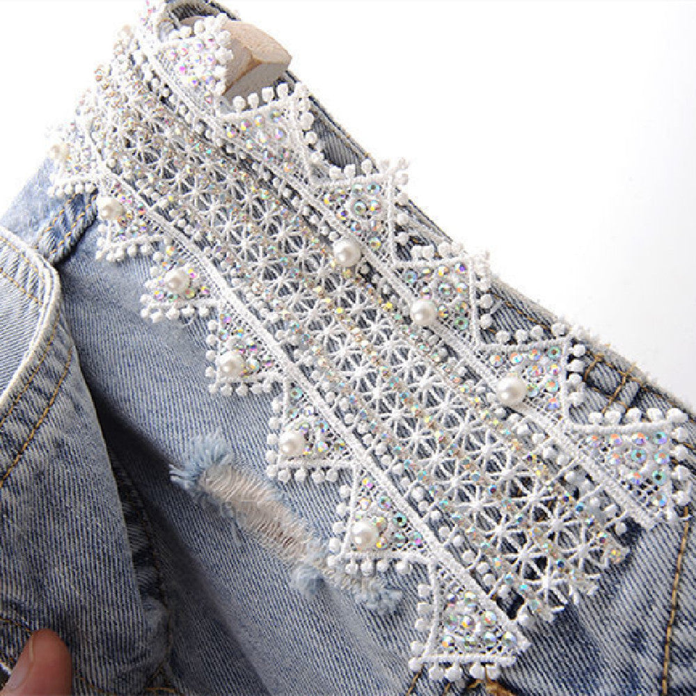 Women's Lace Studded Beaded Denim Jacket