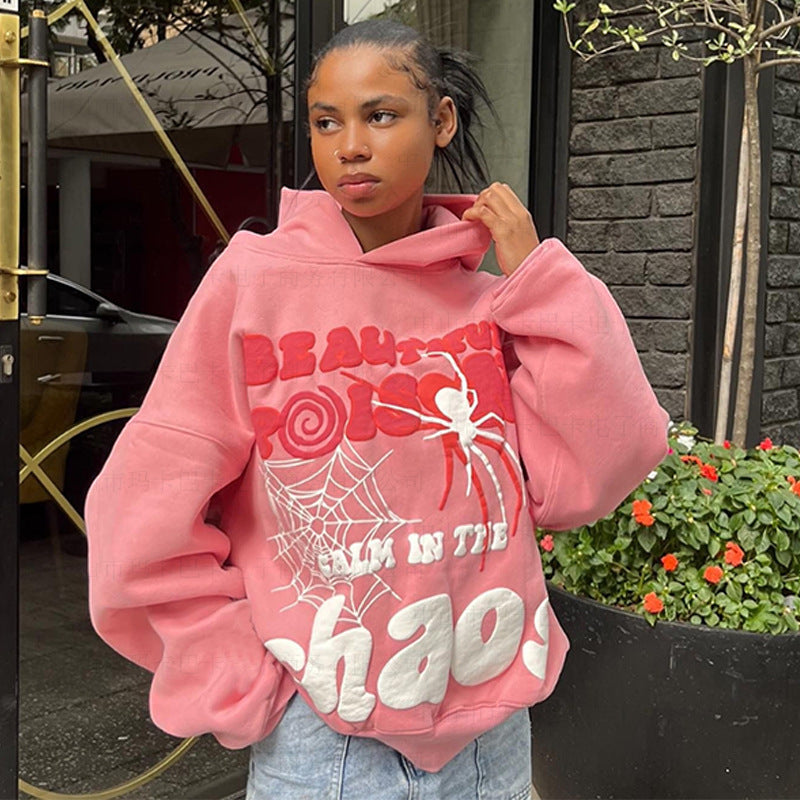 Letter Spider Web Foam Loose Hip Hop Hooded Pullover