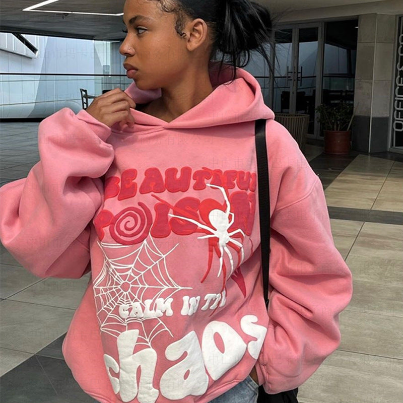 Letter Spider Web Foam Loose Hip Hop Hooded Pullover