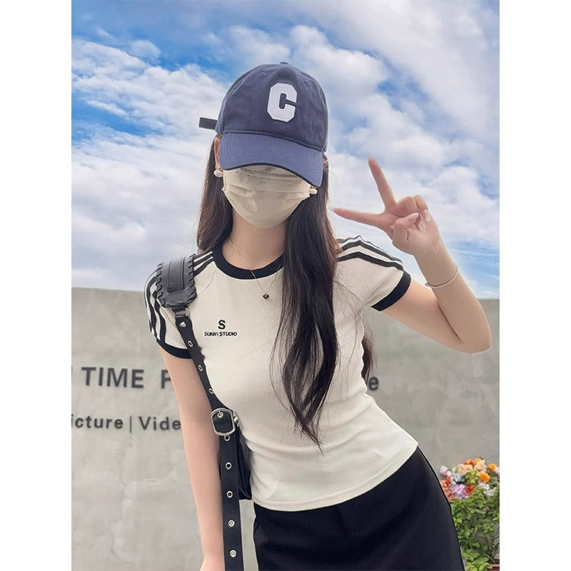 Hot Girl Embroidered Crew Neck Short Sleeve T-shirt Top