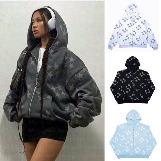 Uni-sex Stars Printed Zipper Hooded