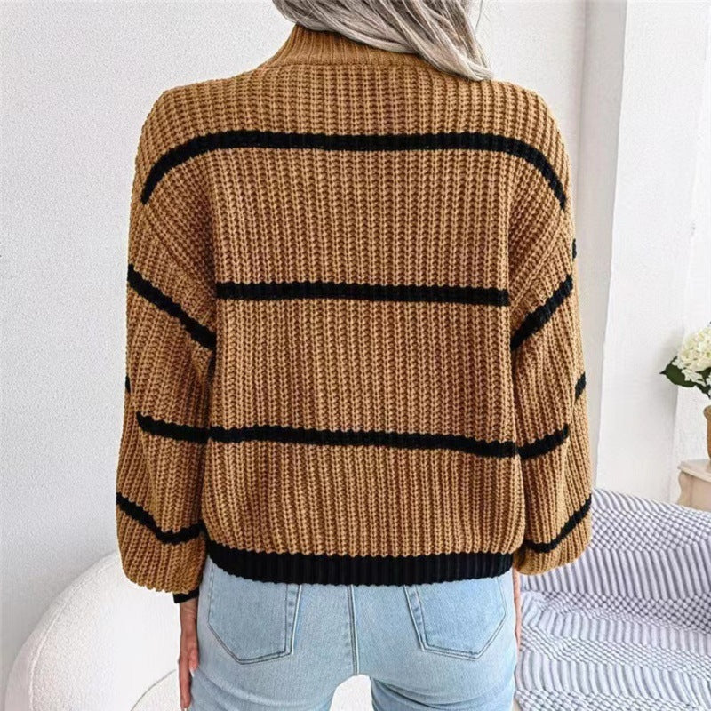 Contrast Color Striped Sweater New Half Turtleneck Pullover Top