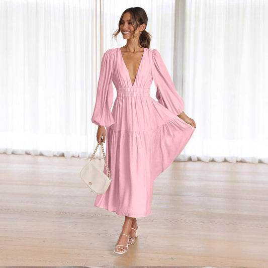 V-neck Waist-controlled Long Sleeves Dress Women
