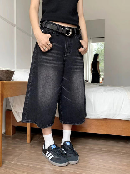 High Waist Wide Leg Cropped Denim Shorts Black Washed