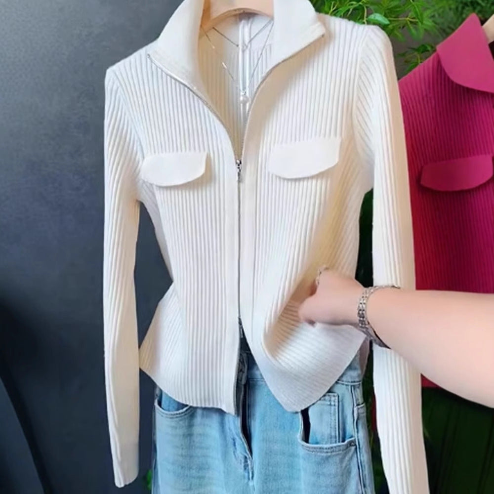 Polo Collar Solid Color Sweater All-match Long Sleeve