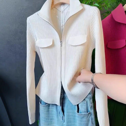 Polo Collar Solid Color Sweater All-match Long Sleeve