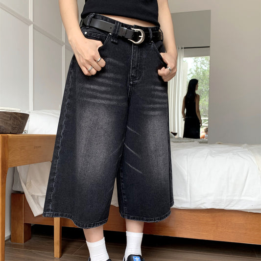 High Waist Wide Leg Cropped Denim Shorts Black Washed