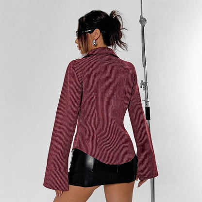Women's Date night Slim Striped Shirt Wine Red
