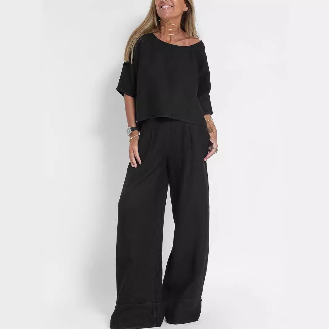 Women's Cropped Sleeves Wide-leg Pants Suit