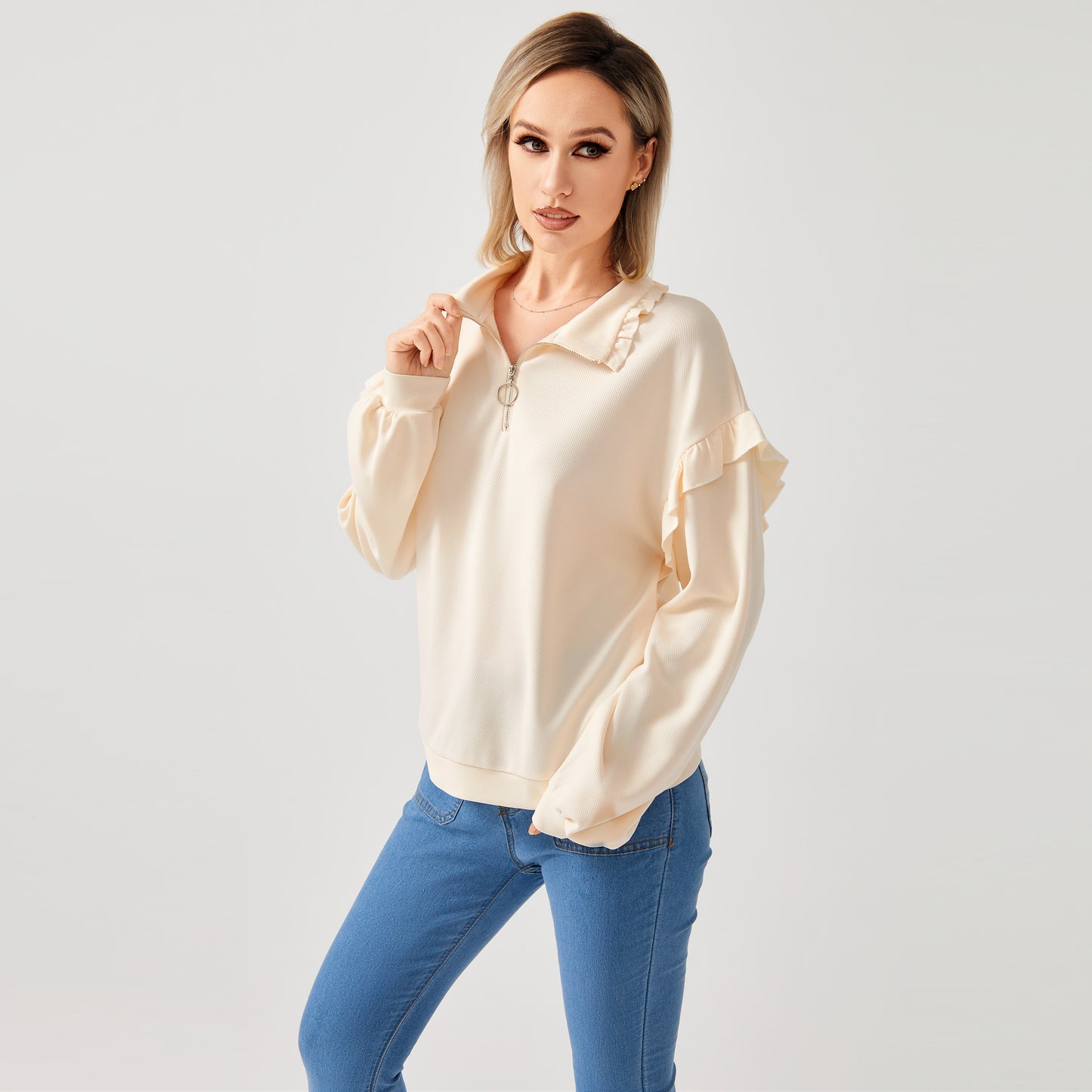 Women's Casual Ruffle Trim Half Zip Sweatshirt