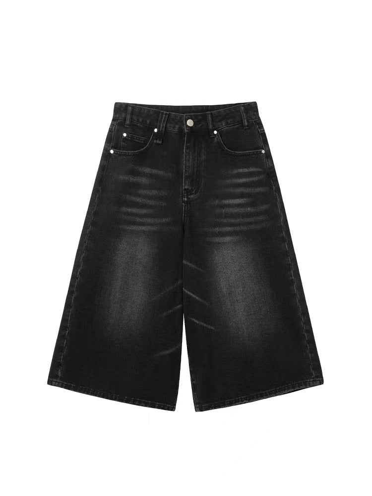 High Waist Wide Leg Cropped Denim Shorts Black Washed