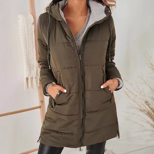 Women's Hooded Solid Color Pocket Long Cotton Jacket Coat