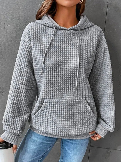 Small Plaid Pocket Long Sleeved Solid Color Top Hoodie