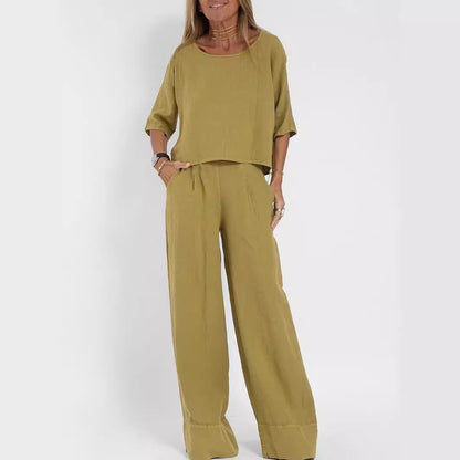 Women's Cropped Sleeves Wide-leg Pants Suit