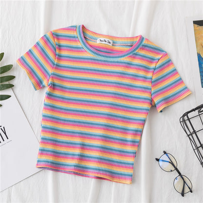 Women Short Sleeve Rainbow Stripe Crop T-shirt