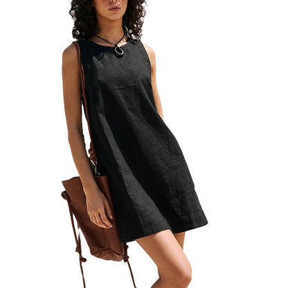 Women's Cotton Linen Vest Backless Solid Color Mini Dress