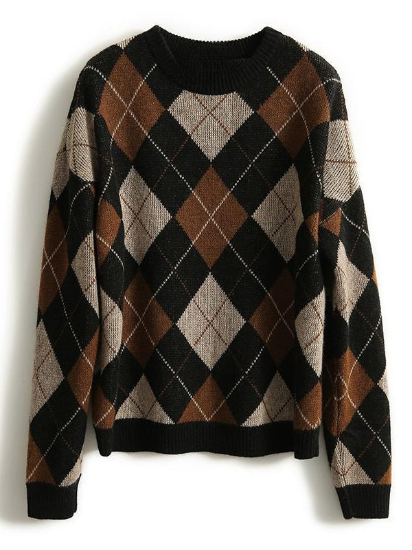 Contrast Color Diamond Plaid Wool Top