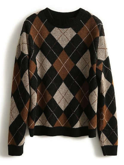 Contrast Color Diamond Plaid Wool Top