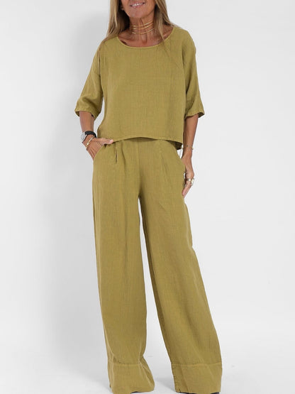 Women's Cropped Sleeves Wide-leg Pants Suit