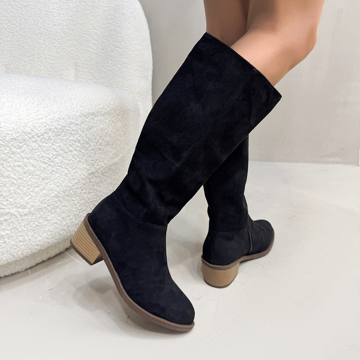 Chunky Heel Suede Side Zipper Boots