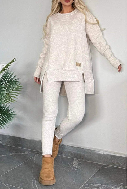 Women's Slit Long Sleeve Top And Trousers Suit