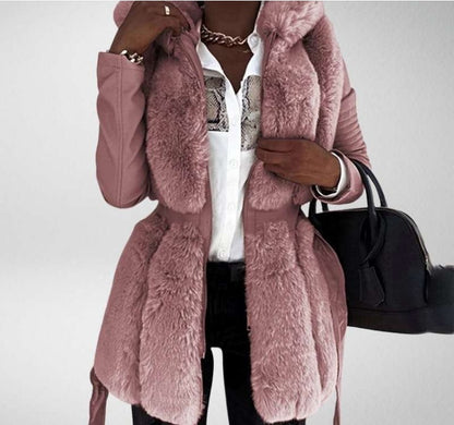 Women's New Fur Belt Hooded Zipper Coat