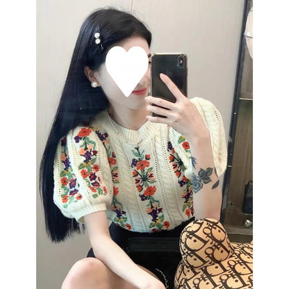 Women's Embroidered Jacquard Short-sleeved Hollow-out Top