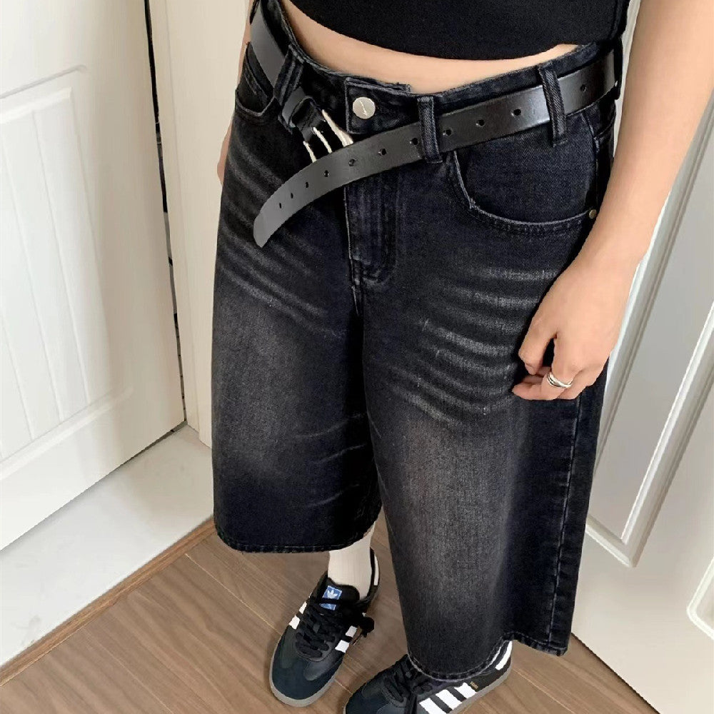 High Waist Wide Leg Cropped Denim Shorts Black Washed