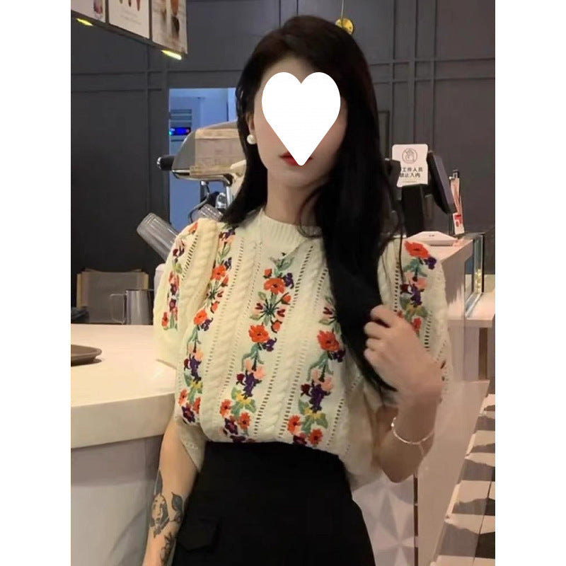 Women's Embroidered Jacquard Short-sleeved Hollow-out Top