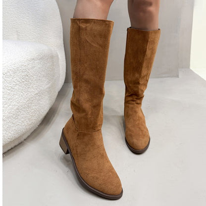 Chunky Heel Suede Side Zipper Boots