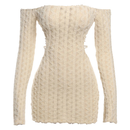 Solid Color High Waist Slim Fit Backless Off-shoulder Dress