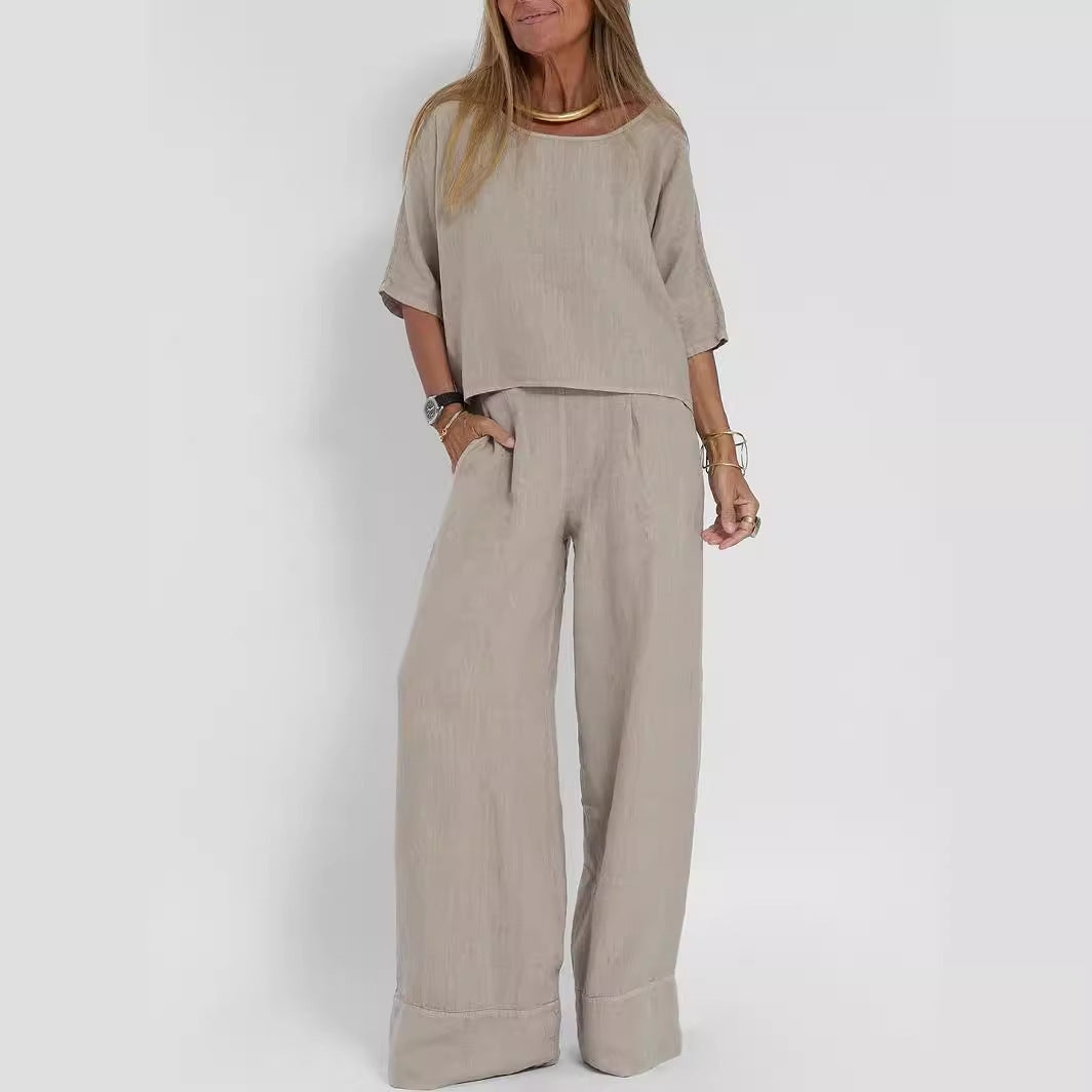 Women's Cropped Sleeves Wide-leg Pants Suit