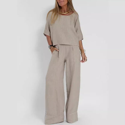 Women's Cropped Sleeves Wide-leg Pants Suit
