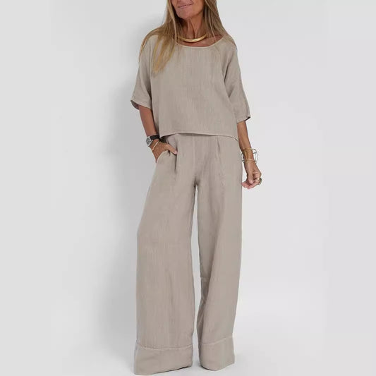 Women's Cropped Sleeves Wide-leg Pants Suit