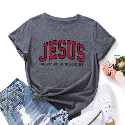 Women's JESUS Printed Loose Round Neck Short Sleeve T-shirt