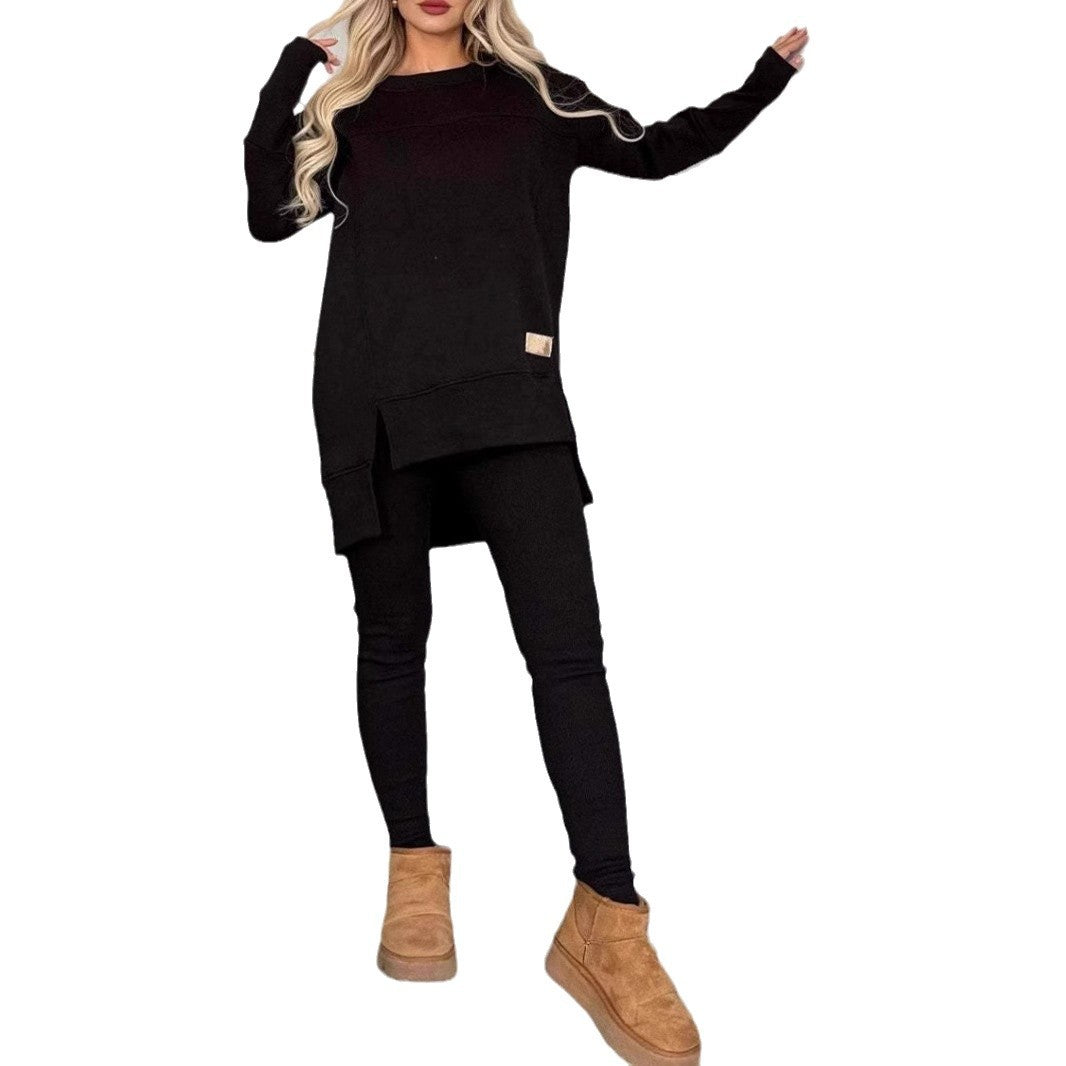 Women's Slit Long Sleeve Top And Trousers Suit