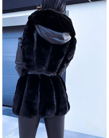 Women's New Fur Belt Hooded Zipper Coat