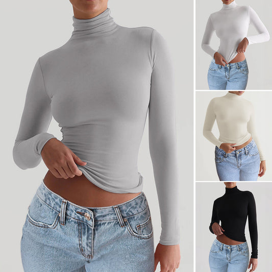 Women's Slim-fit Solid Color Knitted Base Long Sleeve Shirt