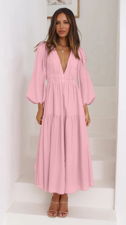 V-neck Waist-controlled Long Sleeves Dress Women