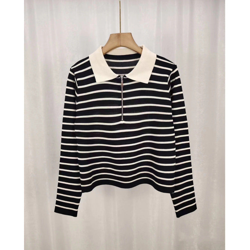 Spring Knitted Loose Contrast Color Striped Collar Long-sleeved Sweater For Women